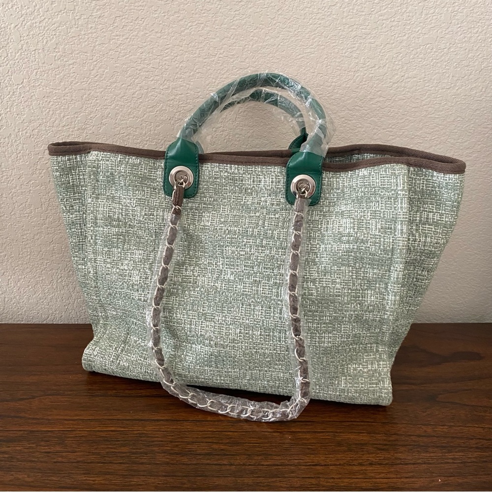 Green Brown Tweed Mixed Fiber Shopper Tote Bag w/ Chain Shoulder Strap C6